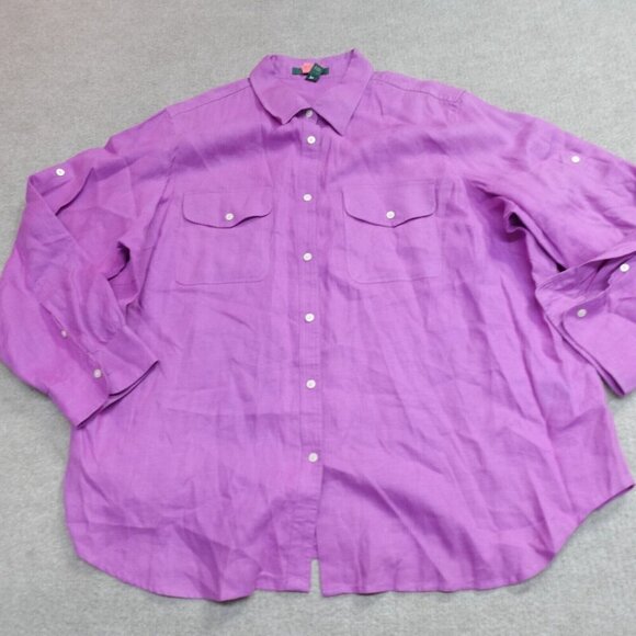 Lauren Ralph Lauren Womens Shirt 2X Purple Safari Tab Sleeves 100% Linen - Picture 1 of 9